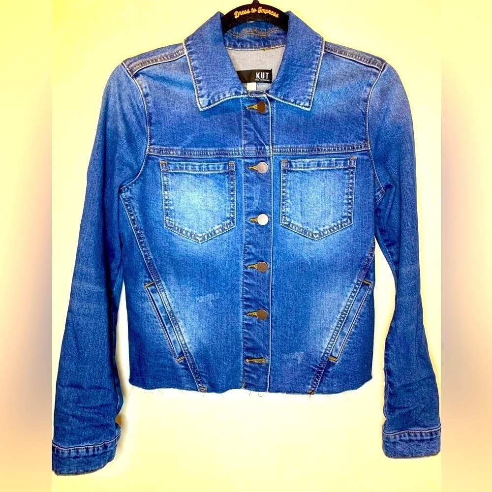 Kut From the Kloth Brene Raw Hem Women’s Stretch Blue Denim Jacket SZ XS! - Picture 2 of 10